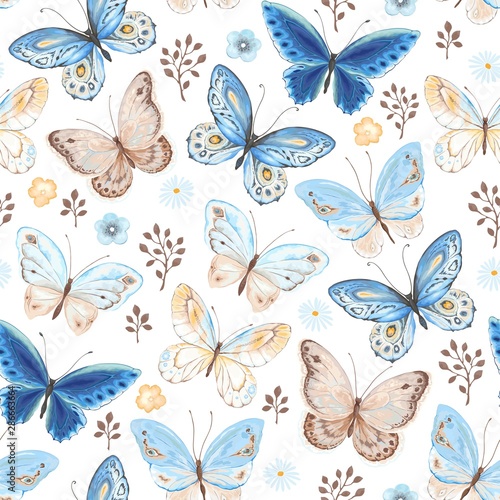 Seamless pattern of flying butterflies blue, yellow and brown colors. Vector illustration in vintage style on white background.