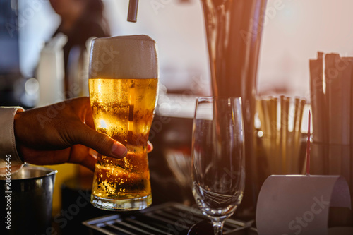 Fotografia, Obraz Glass of light beer on a bar.