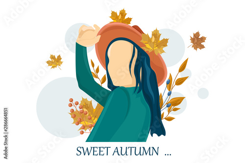 Woman autumn Vector flat style characters set. Beauty lifestyle portraits ill...