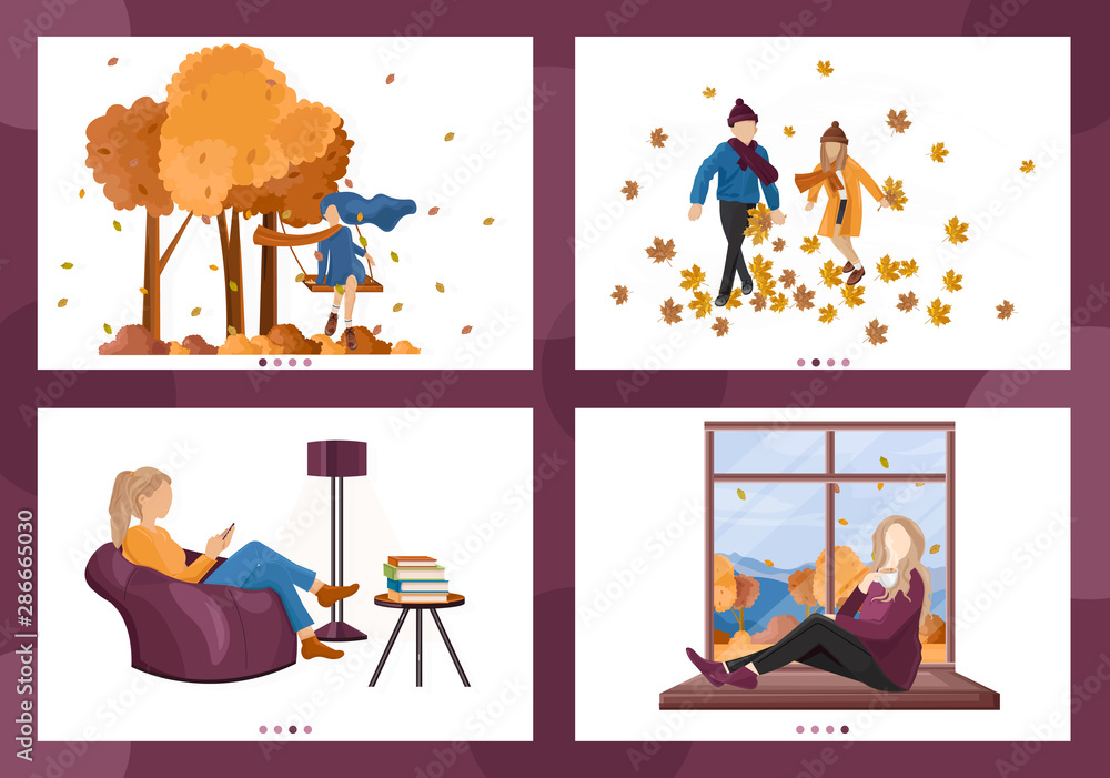 Autumn people lifestyle season Vector. Woman reading, children playing outdoors, people drinking coffee set collection illustrations Autumn people lifestyle season Vector. Woman reading, children playing outdoors, people drinking coffee set collection illustrations