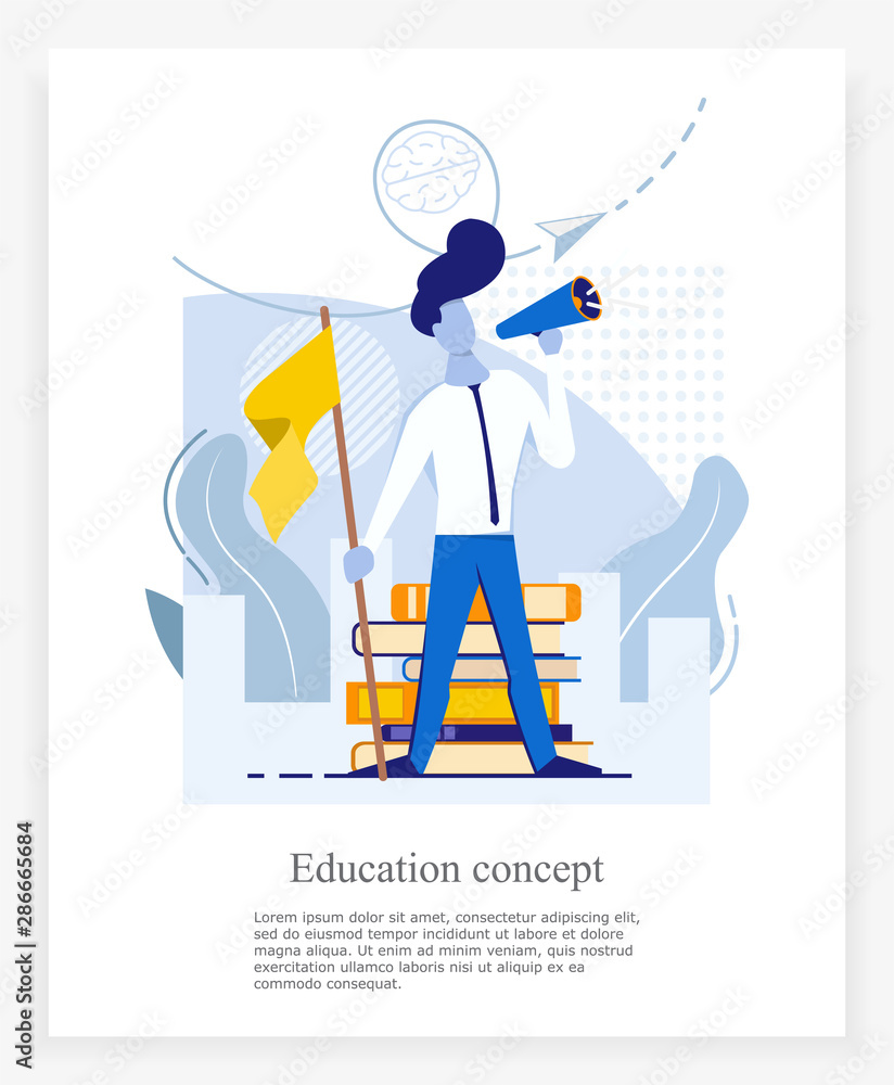banner for a businessman in blue-yellow colors, brainstorming of a young male entrepreneur holding a flag on a background of books and screaming into a loudspeaker, flat vector illustration
