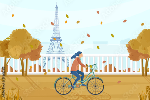 Woman on bicycle in Paris autumn Vector. Fall season lifestyle cycling in park. Eiffel Tower on backgrounds
