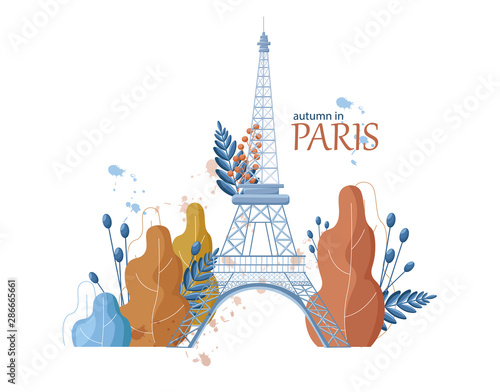 Autumn Eiffel Tower icon Vector. Paris fall season tower and leaves