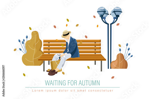 Old man in the park Vector. Fall season banner poster flat styles