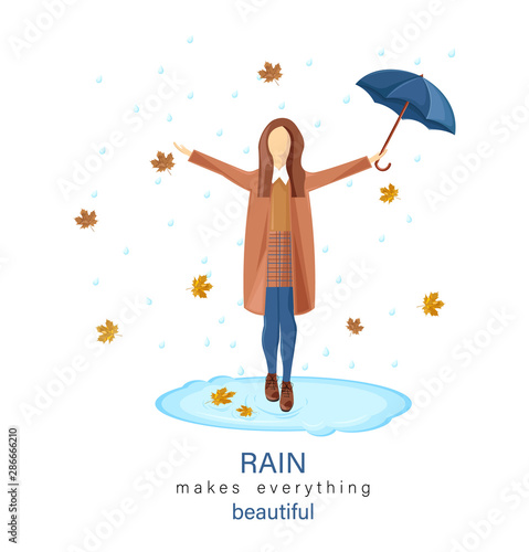 Woman with umbrella rainy autumn season Vector. Fall lifestyle posters