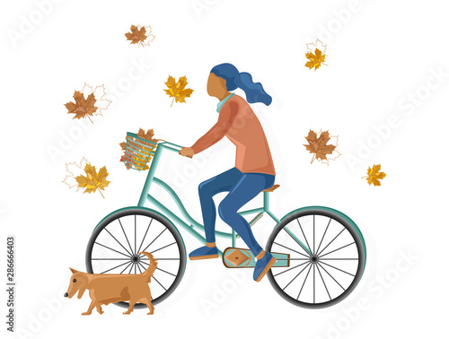 Woman on bicycle Vector flat style. Fall season lifestyle cycling in parks
