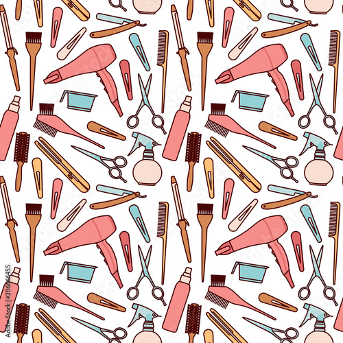 Hairdressing. Vector seamless pattern in flat style on the Barbershop theme.