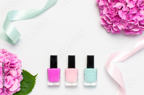 Decorative cosmetics, nail polish. Set of different varnishes for manicure nails on light background with flowers of pink hydrangea top view Flat lay mock up. Female cosmetics. Beauty blogger concept photo