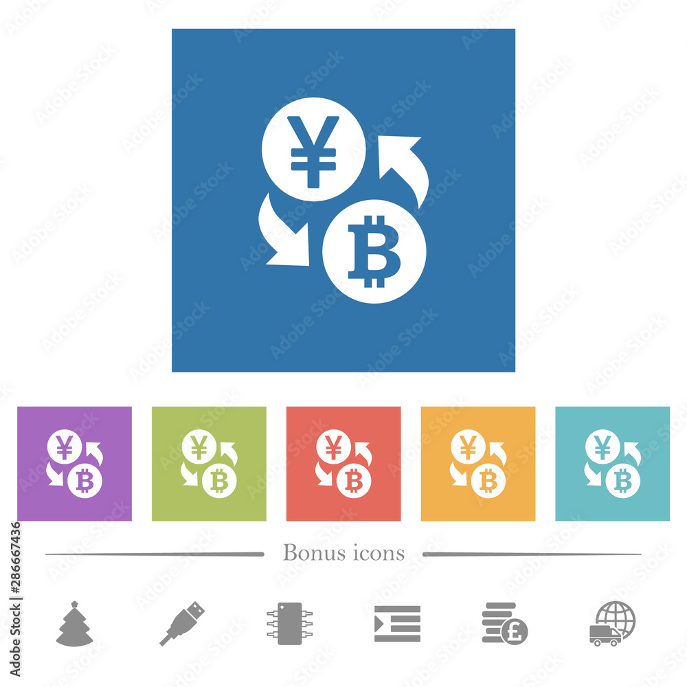 Yen Bitcoin money exchange flat white icons in square backgrounds