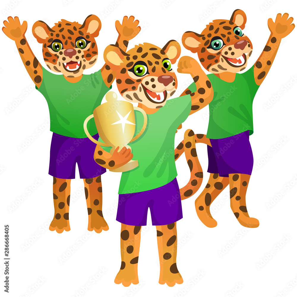 Group of three jaguars in uniform cheering on the soccer field with goblet Group of three jaguars in uniform cheering on the soccer field with goblet