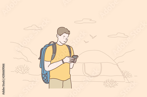 Travel, tourism or weekend concept. Traveler using smartphone, watches videos, writes for a blog or communicates with friends on a mobile phone. Vector flat design.