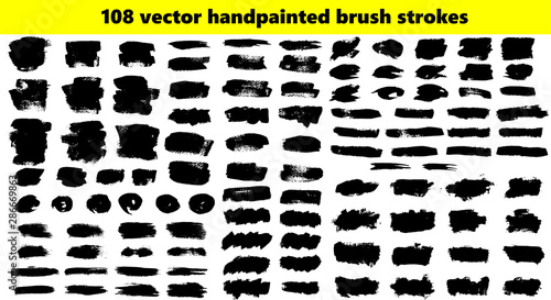 108 Vector Brush Strokes. Paint Brush Stroke Shape Collection. Set of black paint, ink watercolor brush strokes, brushes, lines. Dirty artistic design elements. 