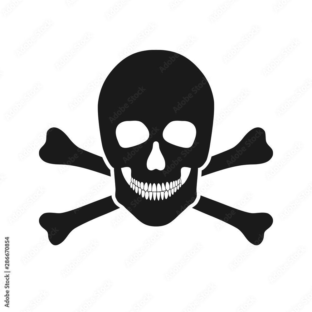 Black icon of human skull with crossbones in flat style over white background. Vector illustration Black icon of human skull with crossbones in flat style over white background. Vector illustration