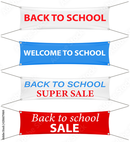 White, blue and red fabric banners set with Back to school text. Textile flag, hanging ribbon, horizontal template advertising cloth, sale canvas, vector illustration 
