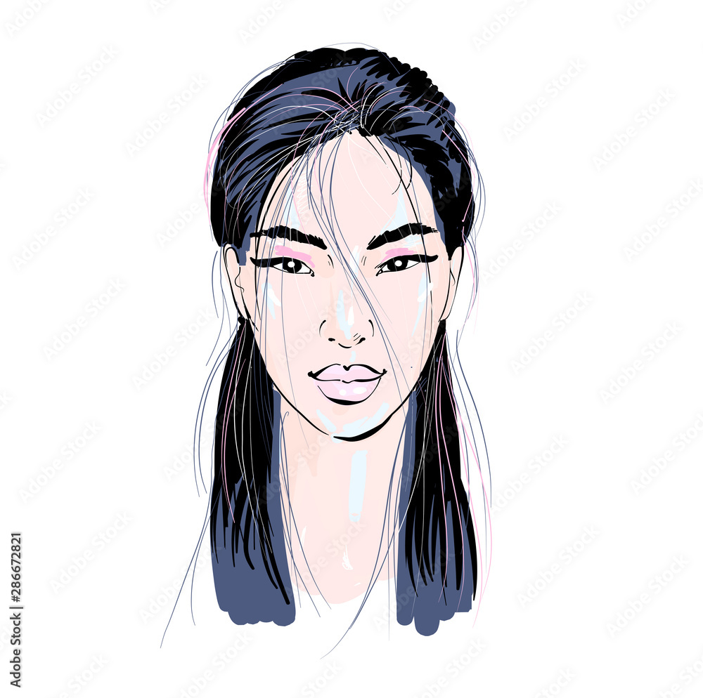 Beautiful asian woman portrait, young female face hand drawn vector illustration Beautiful asian woman portrait, young female face hand drawn vector illustration