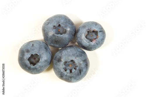 Top view of four blueberries on white