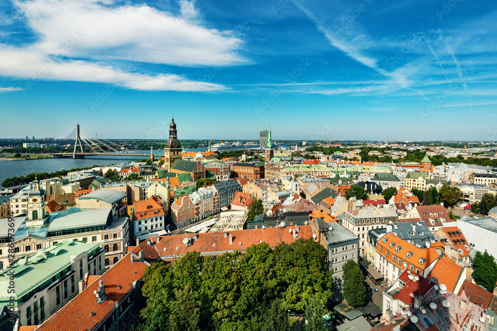 aerial view over Riga old town to the river Daugava. Latvia