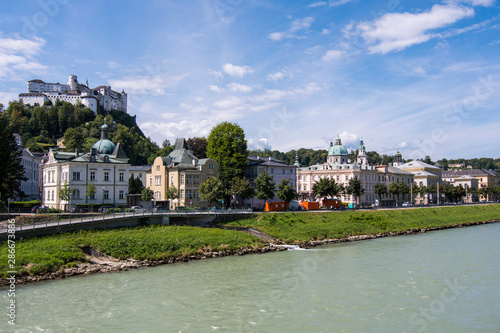 Diferents views of Salzburg skyline with Festung Hohensalzburg and Salzach river in summer, Salzburg, Salzburger Land, Austria photo