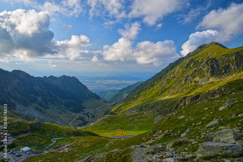 Fagaras road and valley in summer mountains