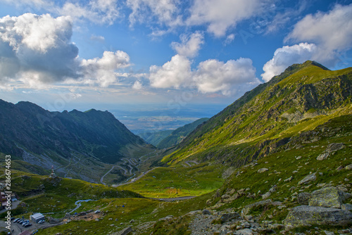 Fagaras road and valley in summer mountains