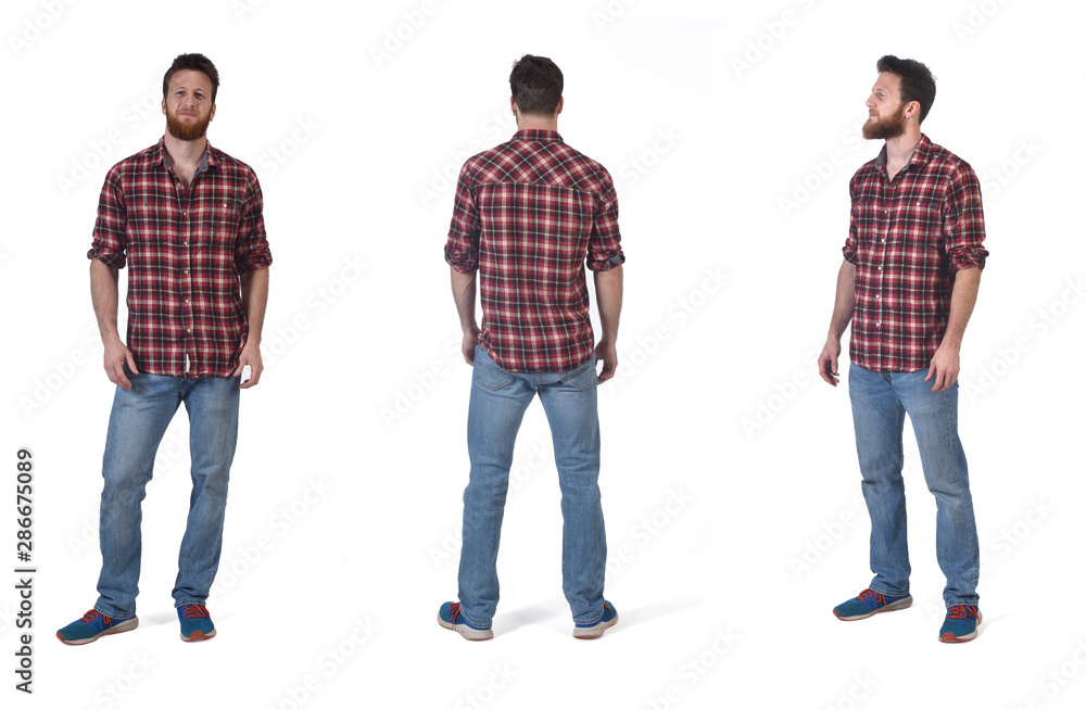 front, back and profile with a man with plaid shirt on white background front, back and profile with a man with plaid shirt on white background
