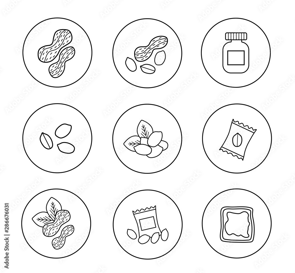 Set of isolated black peanut icons on the white background. Vector objects: peanut butter, nutshells, package, toast, kernels. Set of isolated black peanut icons on the white background. Vector objects: peanut butter, nutshells, package, toast, kernels.
