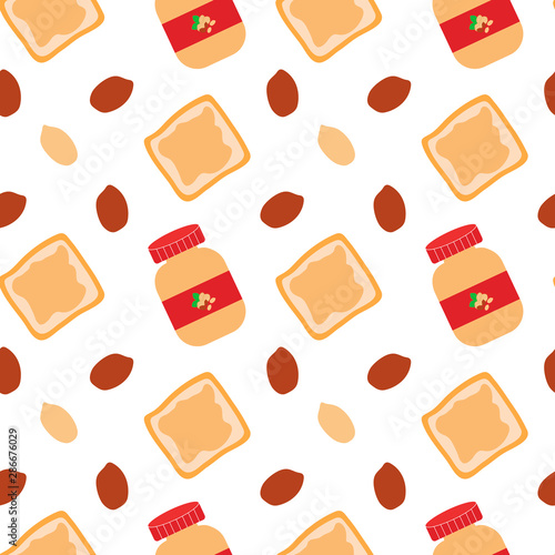 Cute seamless pattern with peanut butter, toast and peanuts on the white background. Vector repeat ornament. Usable for wrapping paper, packaging, posters, banners, cards