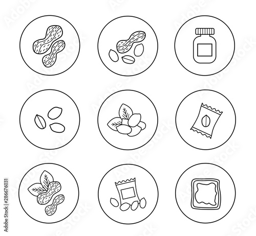 Set of isolated black peanut icons on the white background. Vector objects: peanut butter, nutshells, package, toast, kernels.