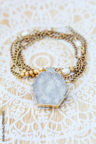Mineral stone druzy hexagon pendant on brass chain necklace