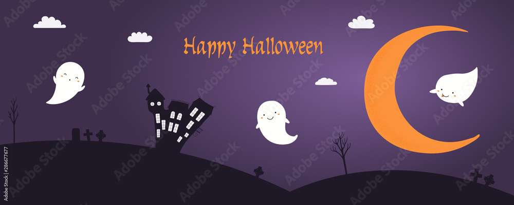 Naklejka premium Banner, party invitation, background design with night sky, crescent moon, haunted house, clouds, flying ghosts, text Happy Halloween. Hand drawn vector illustration. Holiday decor concept. Flat style