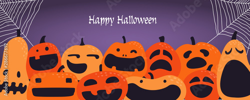 Banner, party invitation, background design with different funny pumpkins, jack o lanterns, spider webs, text Happy Halloween. Hand drawn vector illustration. Holiday decor concept. Flat style.