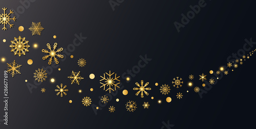 Golden snowflakes border in wave shape. Glitter gold snowflakes and snow with stars on dark background. Merry Christmas and Happy New Year design for card, banner, invitation. Vector illustration