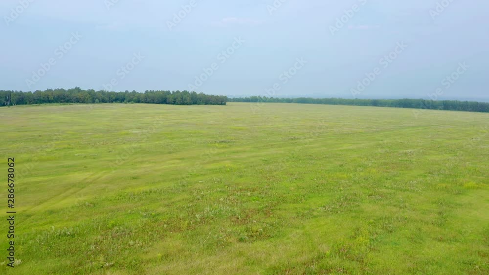 Flight over the meadow with a smooth rise up. View of the area with forest and agricultural fields. A country road is visible next to the forest. Flight over the meadow with a smooth rise up. View of the area with forest and agricultural fields. A country road is visible next to the forest.