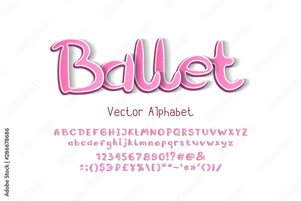 Pink 3D hand drawn vector alphabet. Capital and small English letters, numbers, signs, marks and currency symbols. Baby pink gradient color font. Cute typeface for beautiful sports design