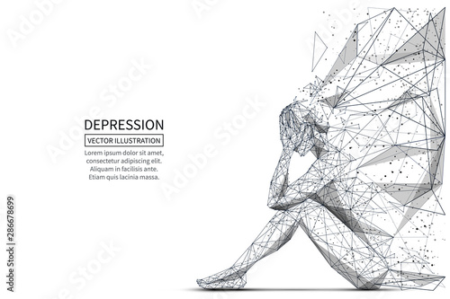 Depression low poly banner template. 3d polygonal woman. Depressed sitting girl, psychological disease concept art with connected dots and lines. Lonely person vector color wireframe mesh illustration photo