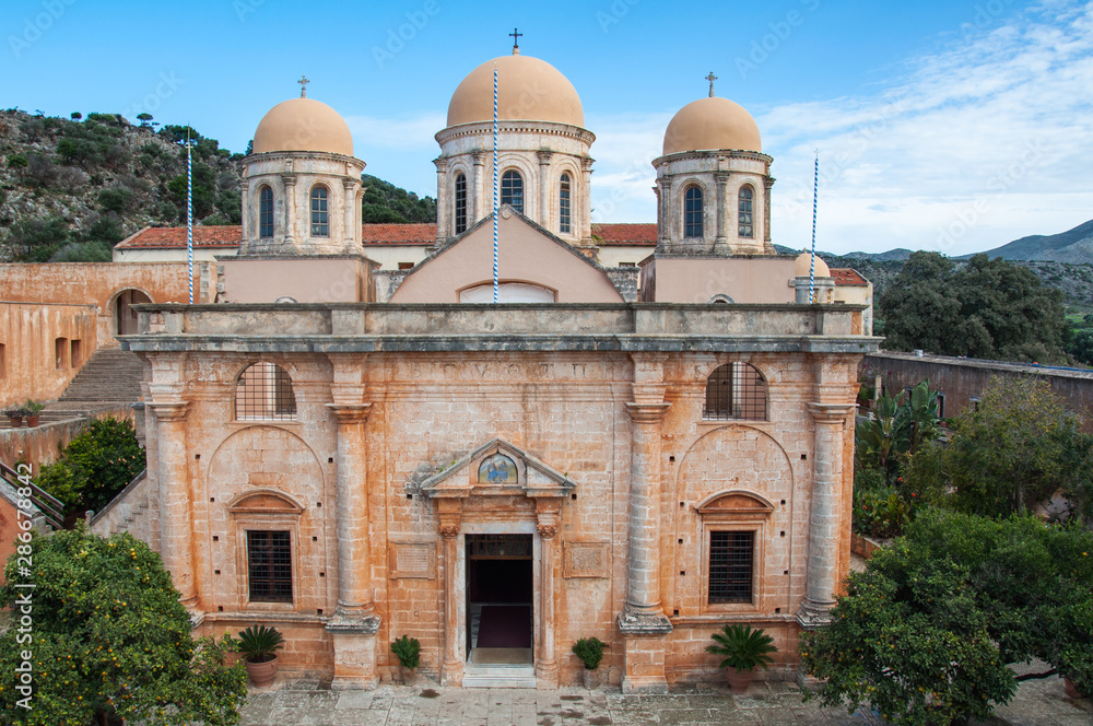 The front of the Agia Triada Monastery on the island of Crete