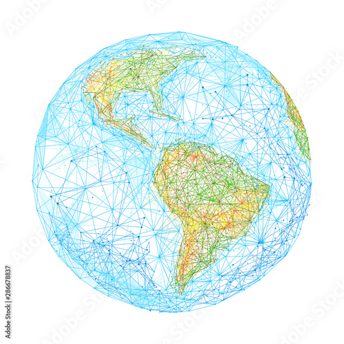 Earth globe low poly illustration. 3d polygonal world map. Travelling concept art with connected dots and lines. Planet spherical model, geography learning vector color wireframe mesh