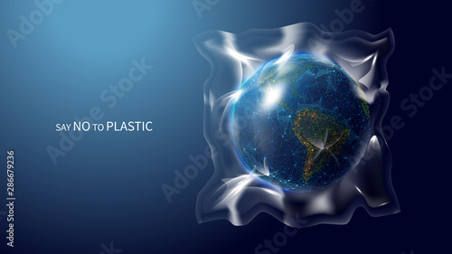 Say no to plastic low poly banner template. 3d polygonal earth globe. Planet covered with plastic concept art with connected dots and lines. Global problem vector color wireframe mesh illustration