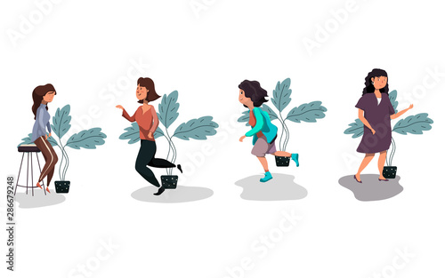 Bundle of young women or girl walking, dancing, sit and smile. Cute cartoon characters. Flat vector illustration.