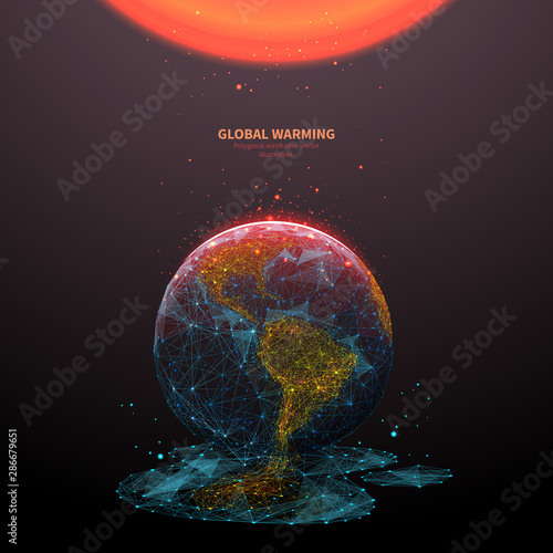 Global warming low poly banner template. 3d polygonal melting earth planet. Ecological problem concept with connected dots and lines. Environmental disaster vector color wireframe mesh illustration
