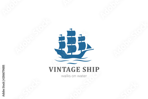 Photographie Ship Boat silhouette Vintage Logo design vector template.