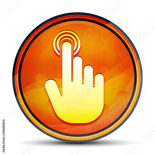Hand cursor click icon shiny bright orange round button illustration