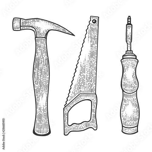 Hammer saw and screwdriver builder tools sketch engraving vector illustration. Scratch board style imitation. Black and white hand drawn image.