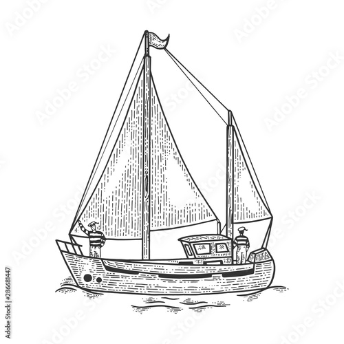 Vintage sailing yacht boat sketch engraving vector illustration. Tee shirt apparel print design. Scratch board style imitation. Hand drawn image.