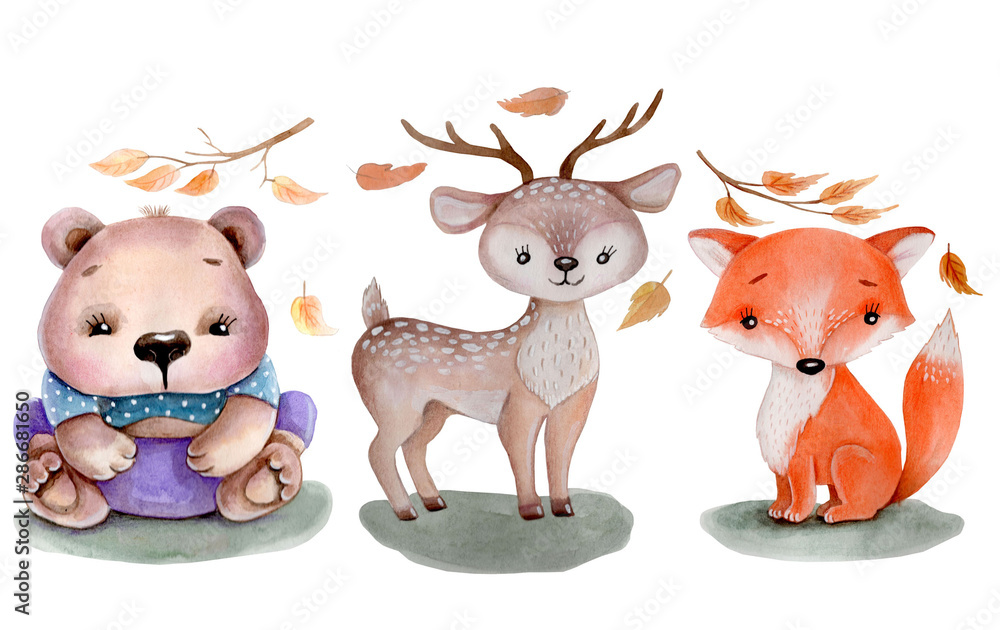 Set of forest animals fox. deer and bear, cute cartoon toy animals. Hand drawn watercolor art. Set of forest animals fox. deer and bear, cute cartoon toy animals. Hand drawn watercolor art.