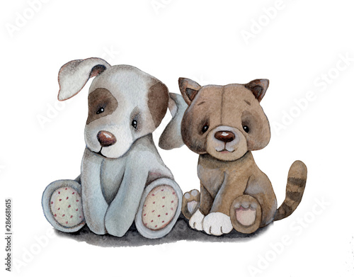 Cat and dog watercolor cute cartoon characters. Hand drawn. Isolated.