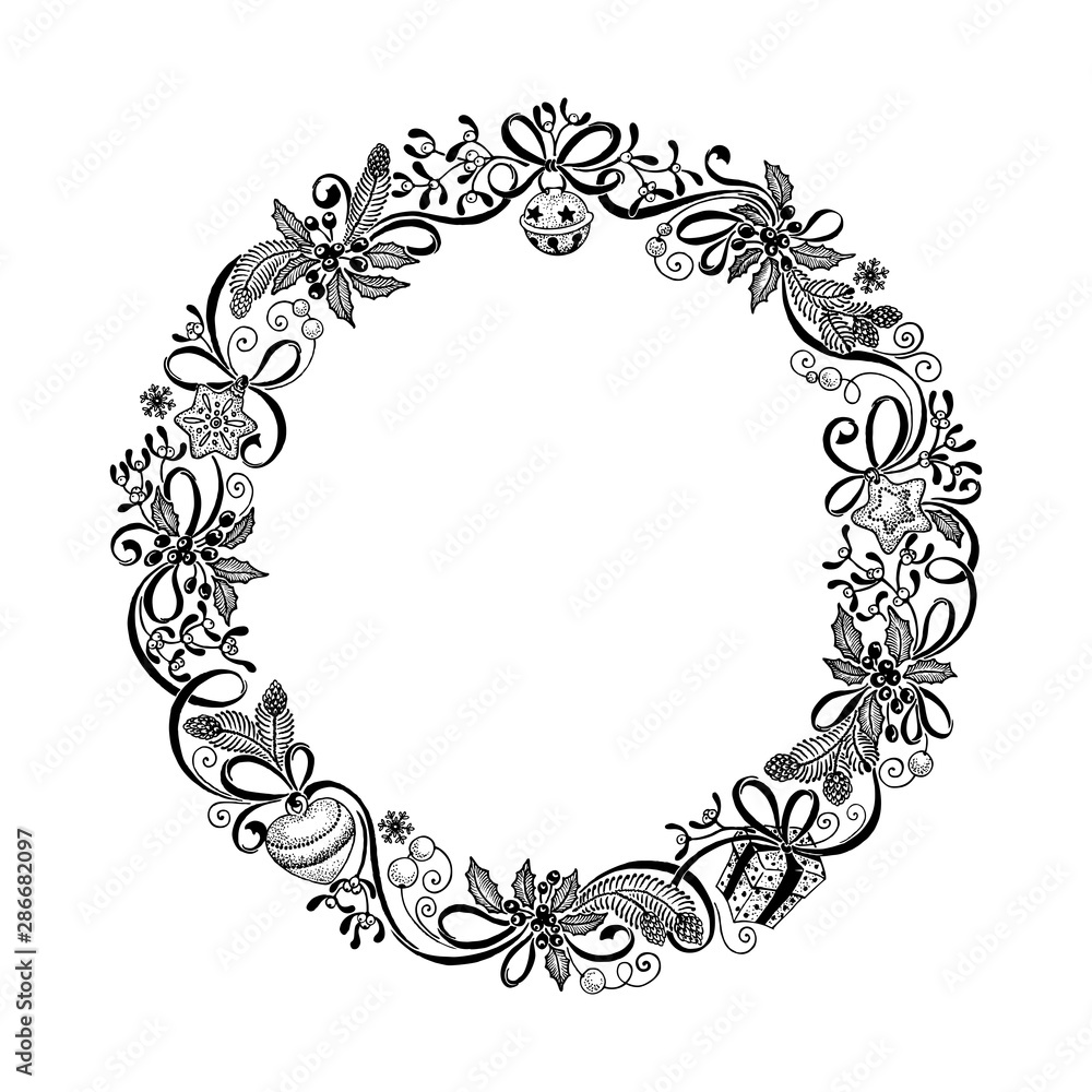 Drawing Christmas frame, hand drawn vector wreath on white background in vintage style. Drawing Christmas frame, hand drawn vector wreath on white background in vintage style.