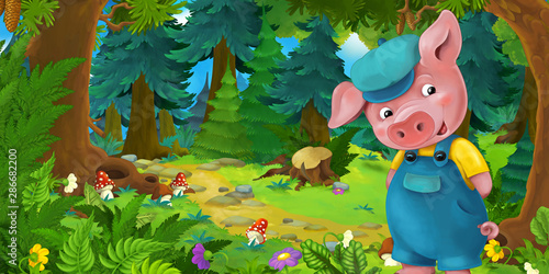 Cartoon fairy tale scene with pig farmer or worker on the meadow in the forest - illustration for children