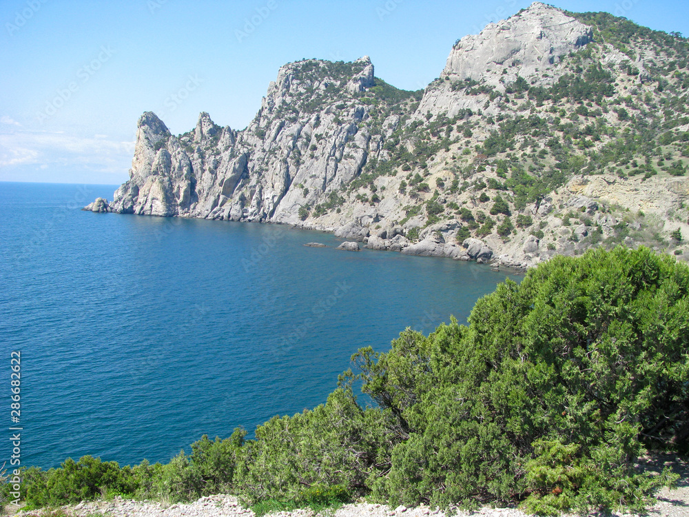 Southeast coast of Crimea, Mount Karaul-Oba and Robbery Bay, blue water and sky