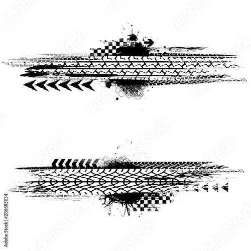 Two vertical white grunge frames with tire tracks and ink splashes